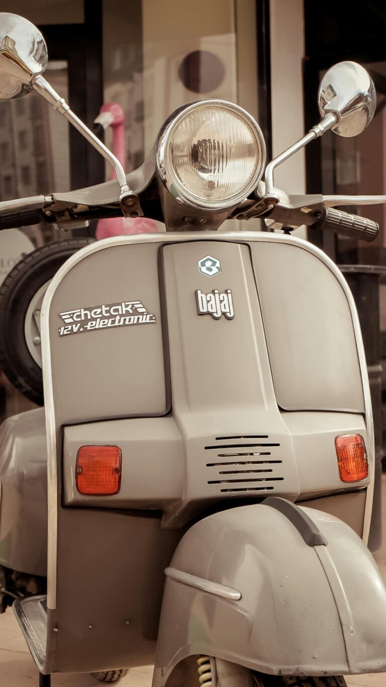 Close-up of a classic Bajaj Chetak scooter, capturing its vintage charm and design.