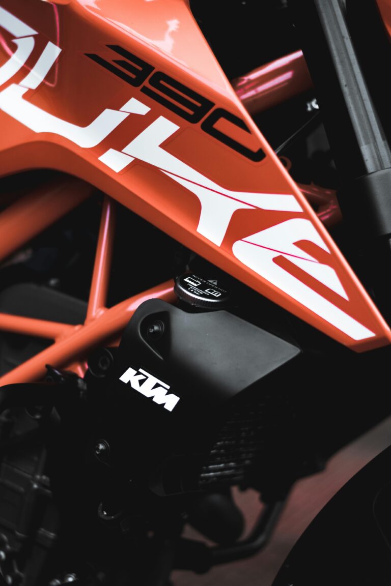 Detailed shot of KTM 390 Duke engine showcasing aesthetics and design.